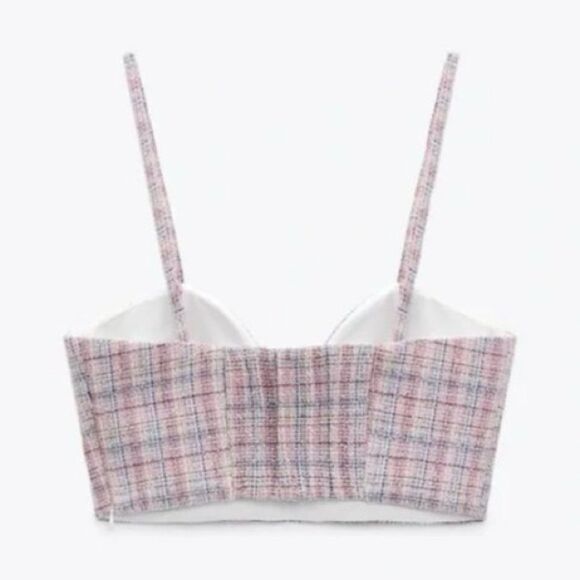 NEW Zara Tweed Boucle Knit Corset Crop Top Bralette Pink & Blue Metallic Medium - Picture 2 of 16